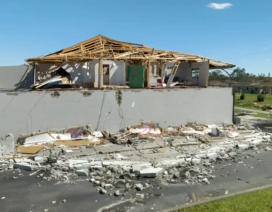 Partially Demolished Building with Debris