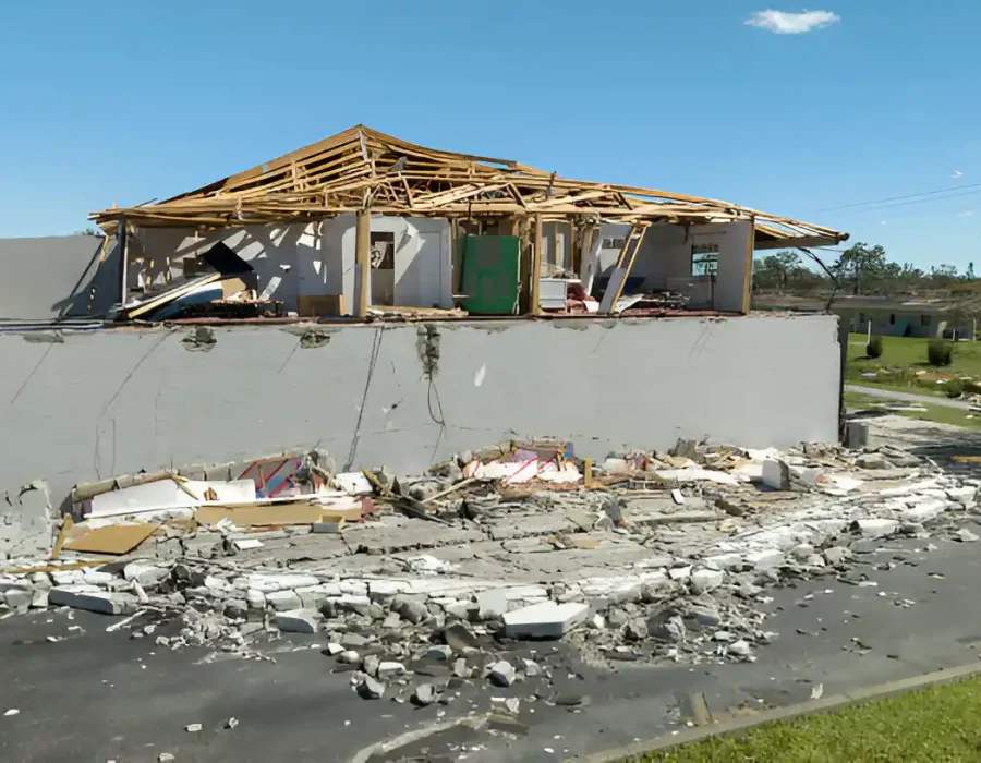 Severely damaged building with structural collapse and widespread debris field