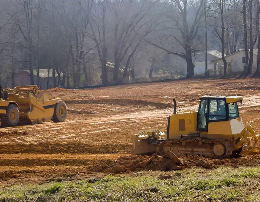 Construction equipment leveling soil on a rural site surrounded by trees and small buildings.