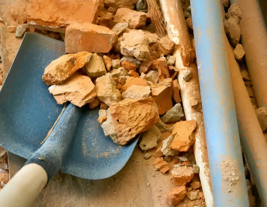Close-up of shovel with brick and concrete rubble from construction site cleanup operations
