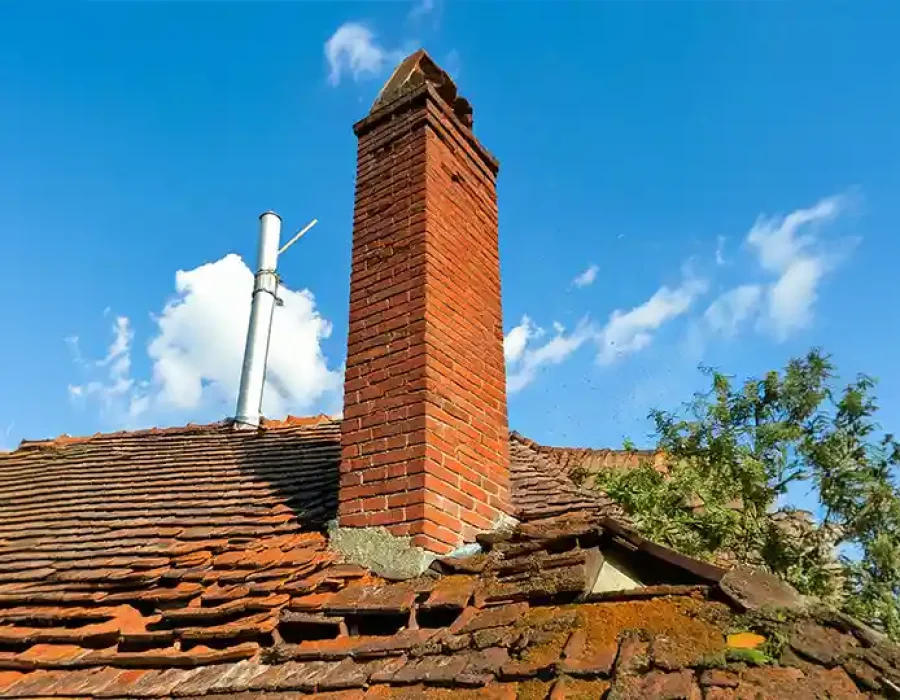 Broken roof tiles and brick chimney under blue sky, ideal for demolition and repair services.