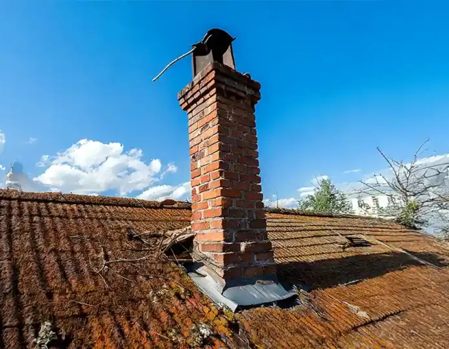 Old roof with damaged tiles and brick chimney needing demolition and roof repair.
