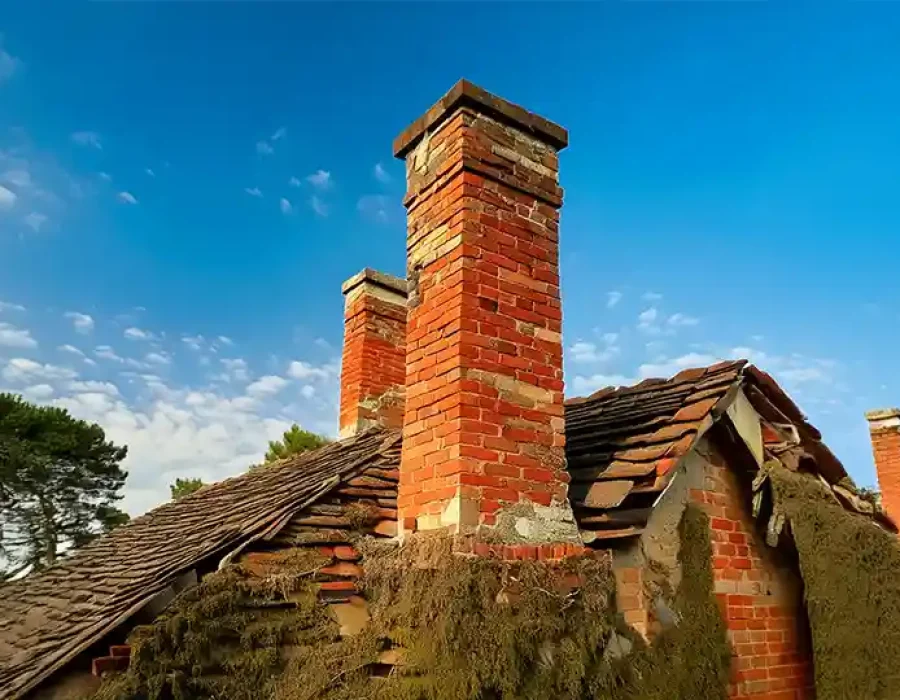 Damaged brick chimneys on an old roof with crumbling tiles and overgrown vegetation.