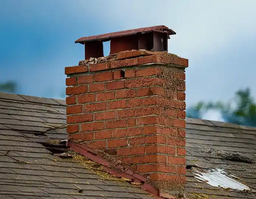 Damaged brick chimney on a deteriorating roof, needing demolition and repair services.