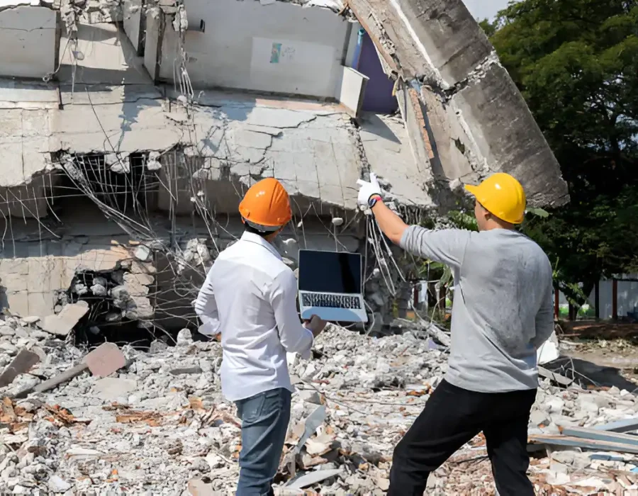 Safety inspectors with hardhats examining structural damage at demolition site with laptop