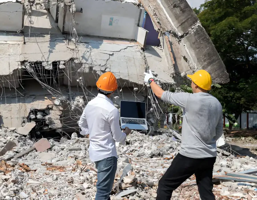 Two engineers in hard hats inspecting collapsed concrete building with laptop