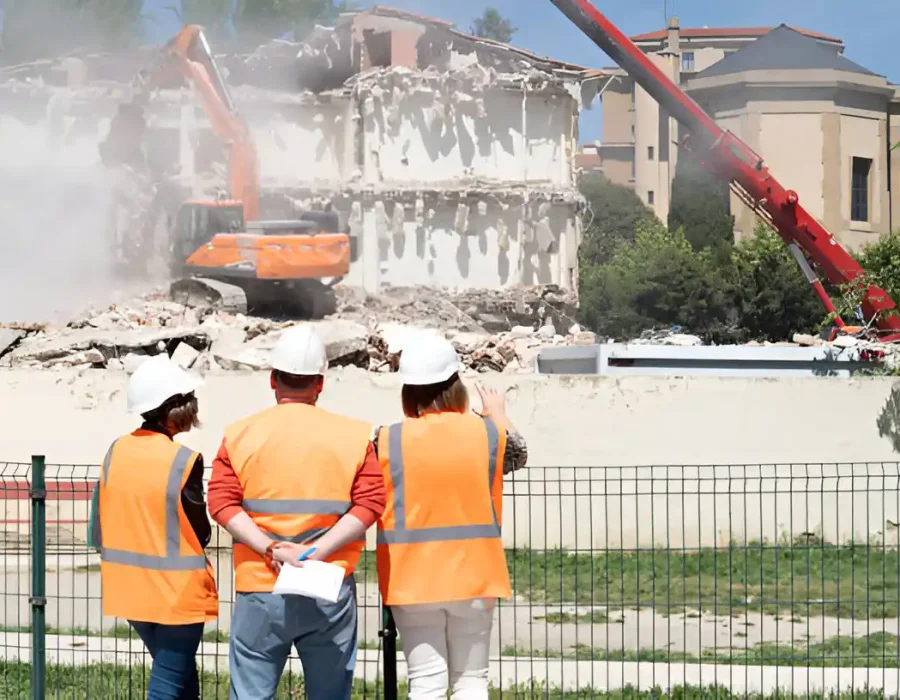 Site supervisors in safety vests monitoring building demolition with excavator and crane
