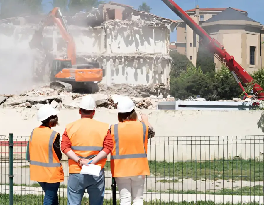 Three safety workers observing excavator demolishing multi-story building, dust rising