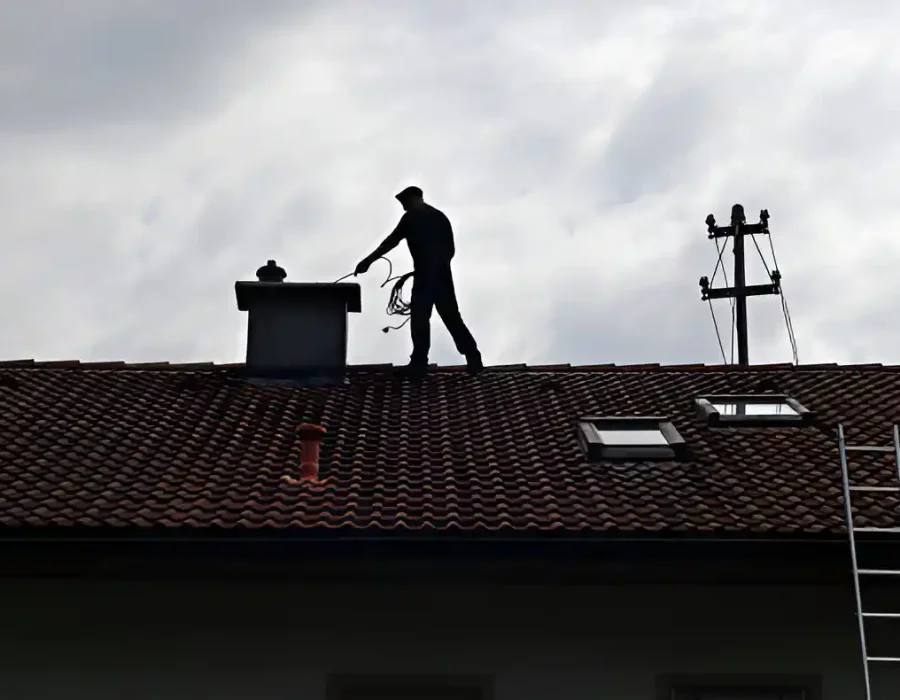 Worker on Roof Preparing for Chimney Repairs