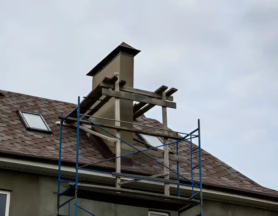 Chimney demolition in progress with scaffolding on a house roof for safe removal.