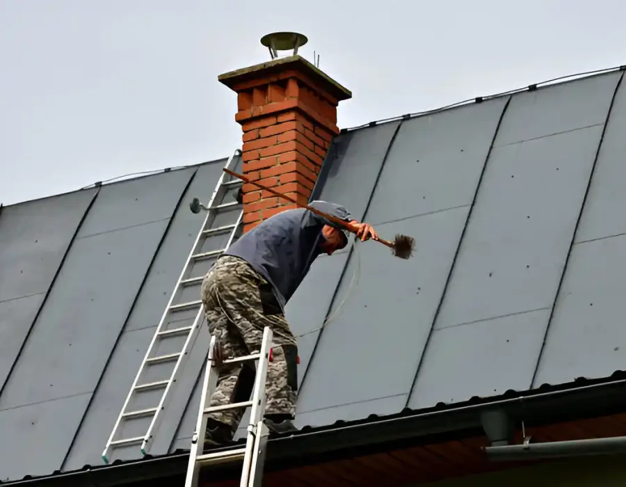 Worker cleaning chimney on a metal roof using a brush and ladder.