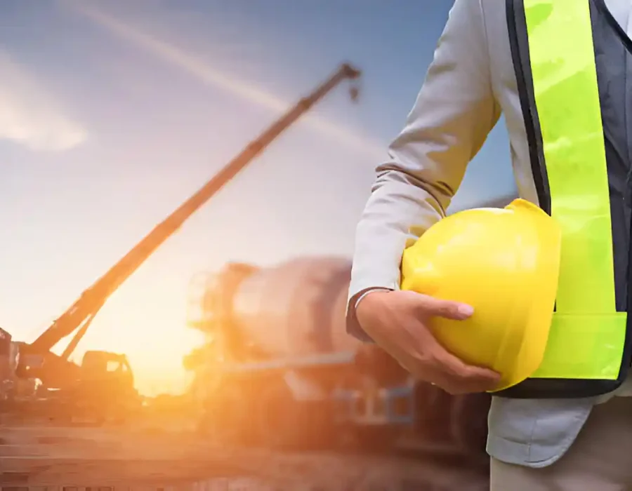 Worker in safety vest holding hard hat at a construction site with cranes and equipment.