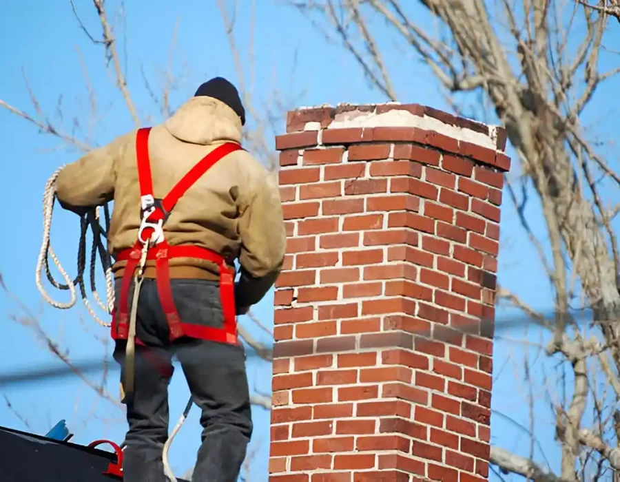 Worker in safety gear preparing for brick chimney demolition outdoors.