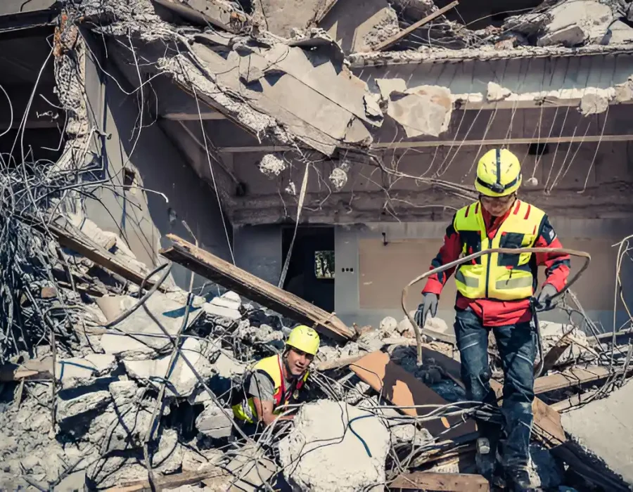Workers clearing rubble and debris from a demolished building site for cleanup services.