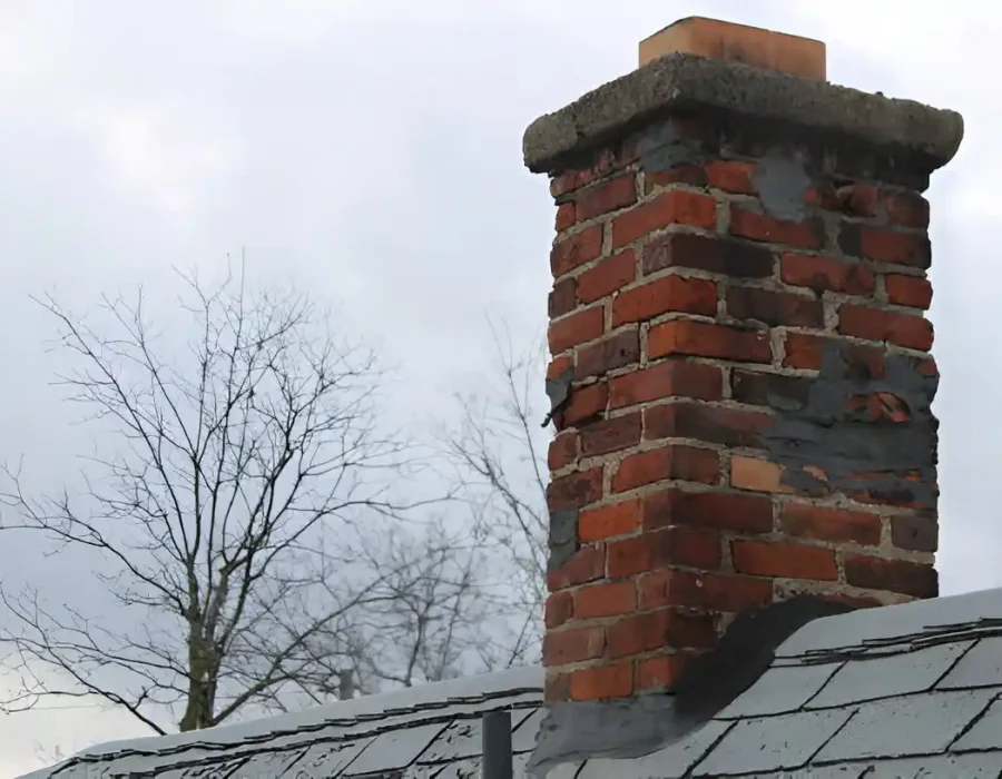 Old brick chimney on roof showing wear, ready for removal or demolition services.