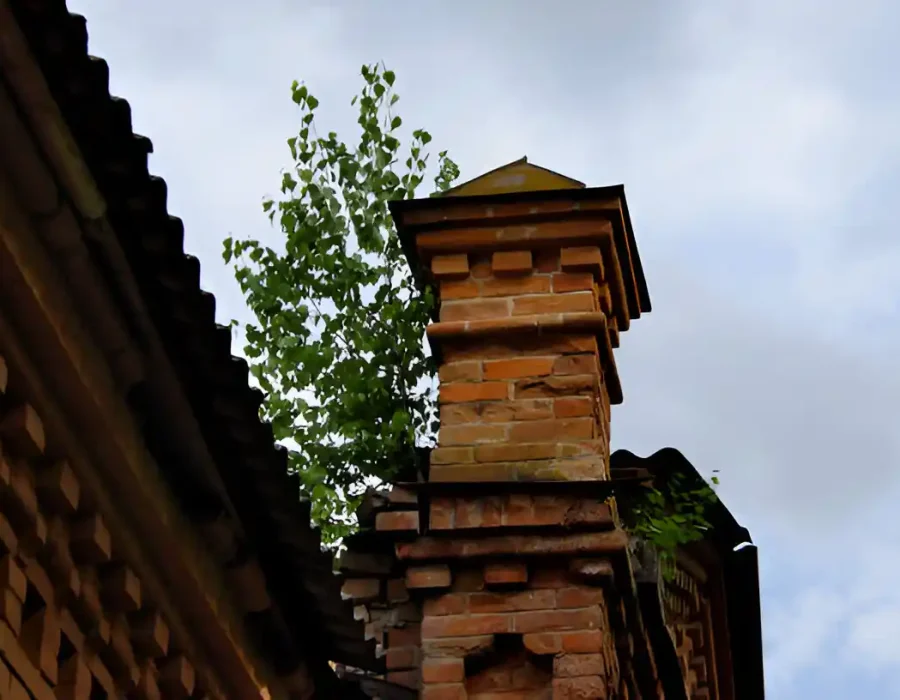 Damaged brick chimney with cracks and vegetation growing, indicating structural decay.