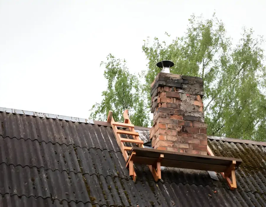 Old brick chimney on a roof prepared for removal with wooden scaffolding.