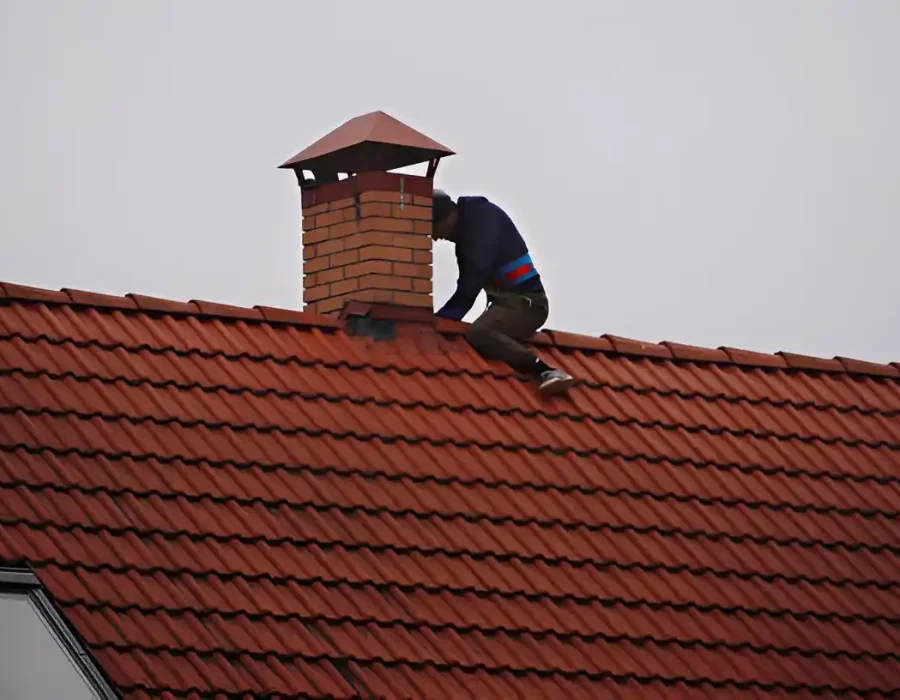 Worker Inspecting Roof Chimney for Repairs