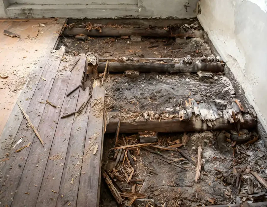 Interior floor partially removed for debris cleanup