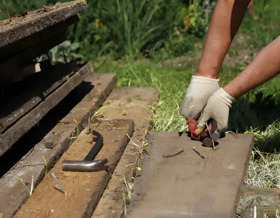Worker removing nails from old wooden deck during demolition.