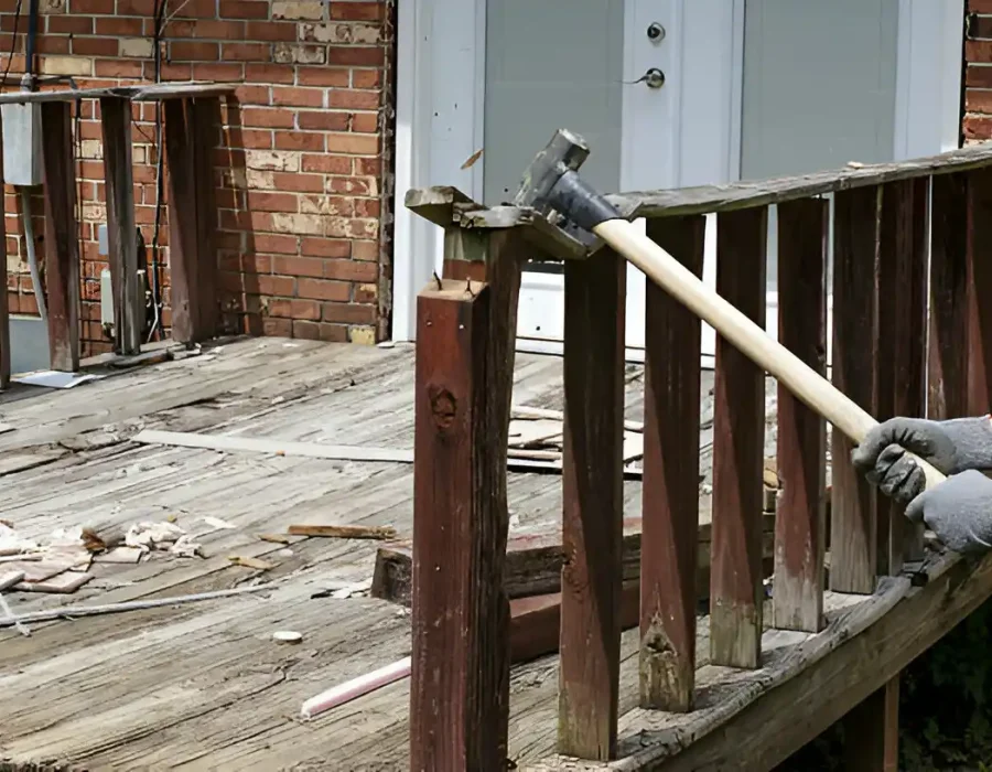 Worker using a sledgehammer to remove an old wooden deck railing outdoors.