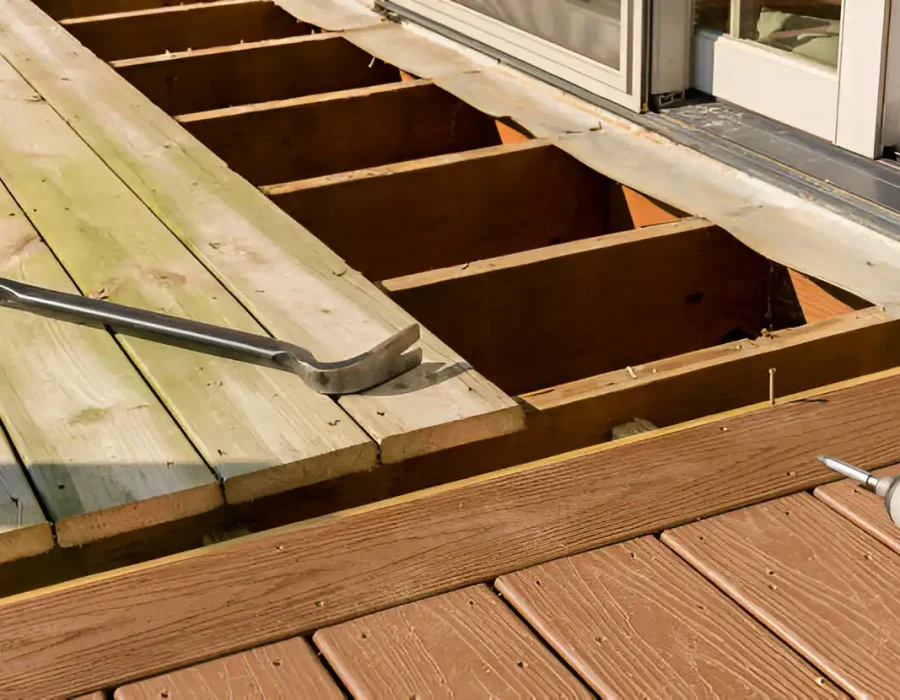 Partially dismantled wooden deck with tools during removal and demolition process.