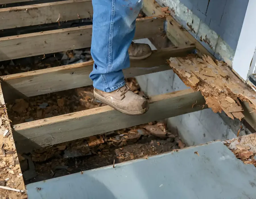 Worker dismantling deck boards for demolition and debris removal services