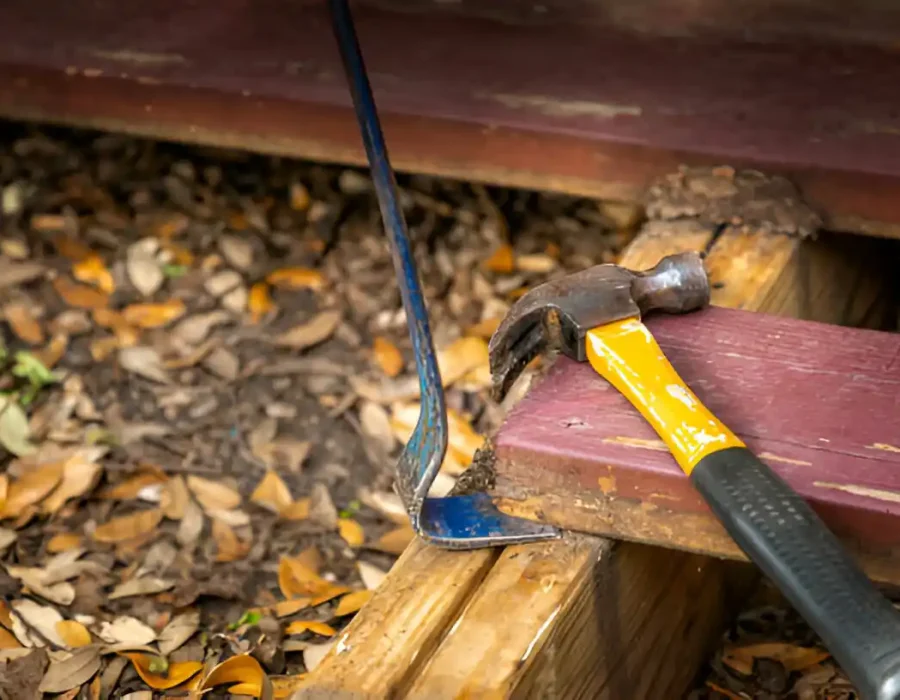 Hammer and crowbar used for outdoor deck removal work
