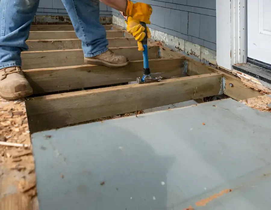 Worker using hammer to dismantle floor joists in house
