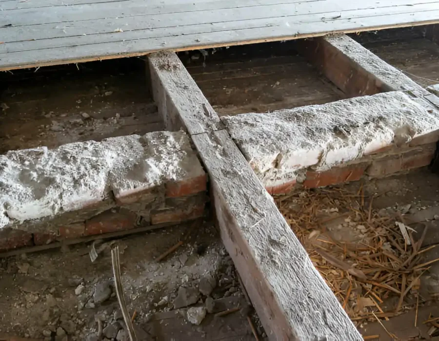 Partially removed deck with exposed wood beams and debris.