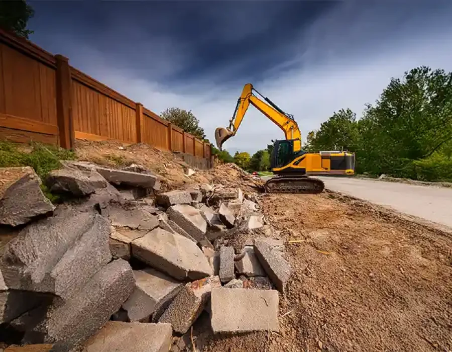 Heavy equipment demolishing a building and removing debris, showcasing efficient demolition and cleanup services.