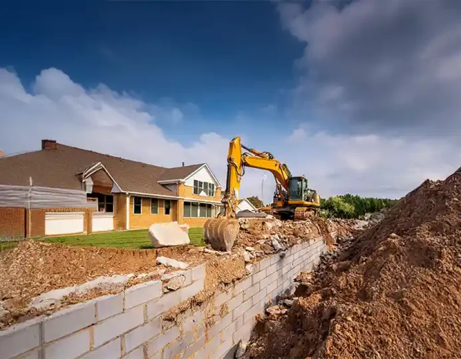 Heavy equipment demolishing a building and removing debris, showcasing efficient demolition and cleanup solutions.