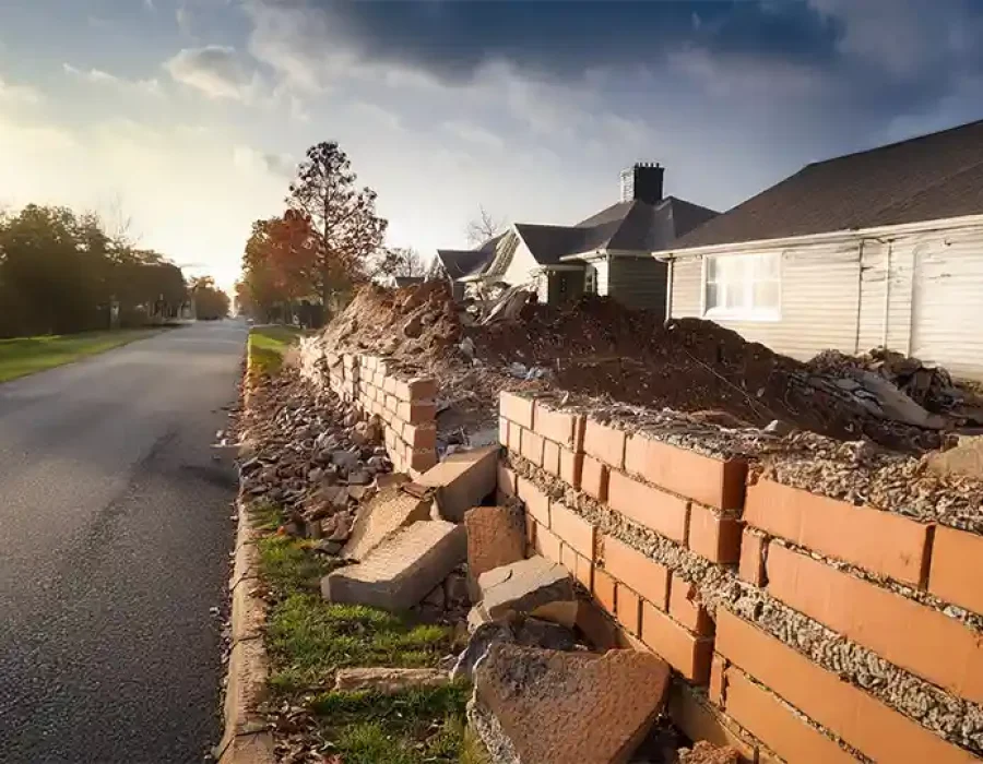 Heavy equipment demolishing a structure and removing debris, highlighting professional demolition and cleanup services.