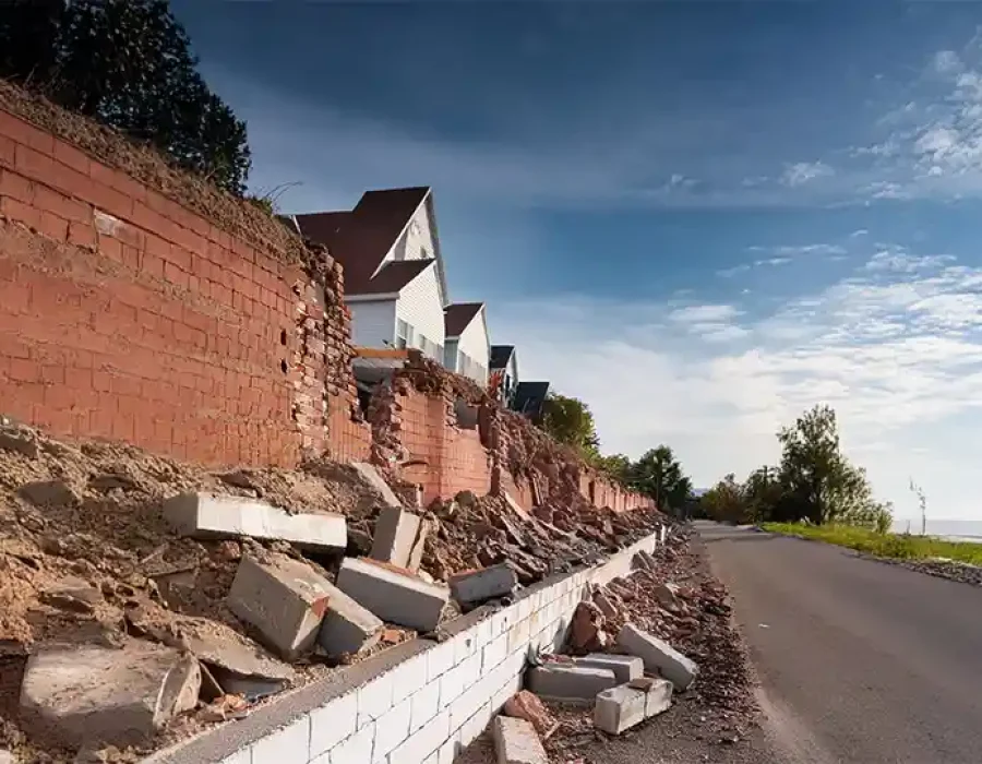 Heavy equipment demolishing a building and removing debris, showcasing efficient demolition and cleanup services.