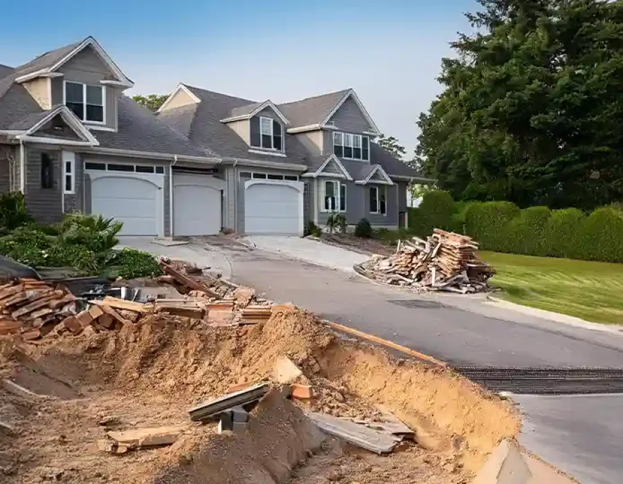 Excavator removing concrete and debris during a residential driveway demolition near a suburban home.