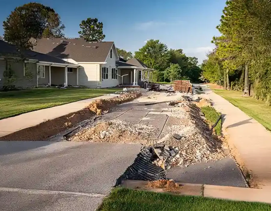 Suburban street with removed asphalt, exposed soil, and debris during road construction and repairs.