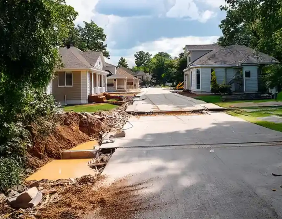 Suburban street with damaged pavement, exposed soil, and trenches for road repair and utility work.