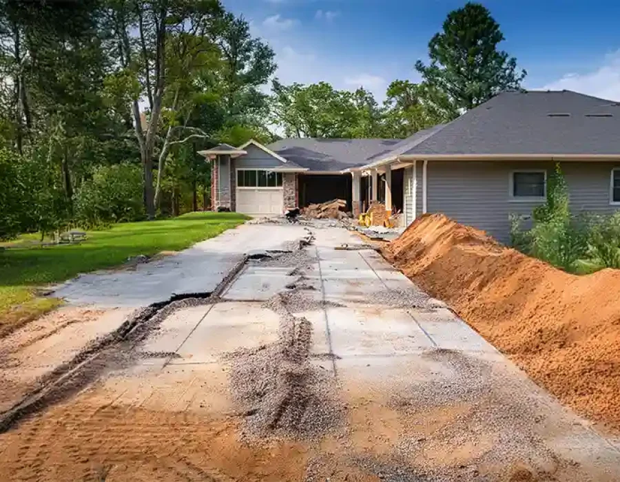Damaged residential driveway with broken concrete and asphalt removed, prepared for reconstruction.