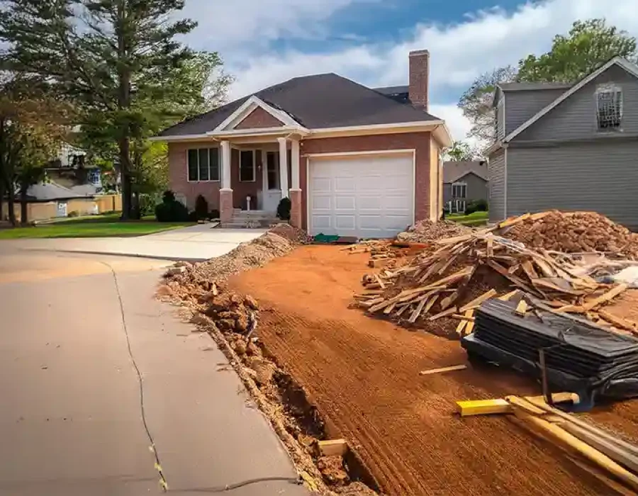 Excavator removing concrete and debris during a residential driveway demolition near a suburban home.