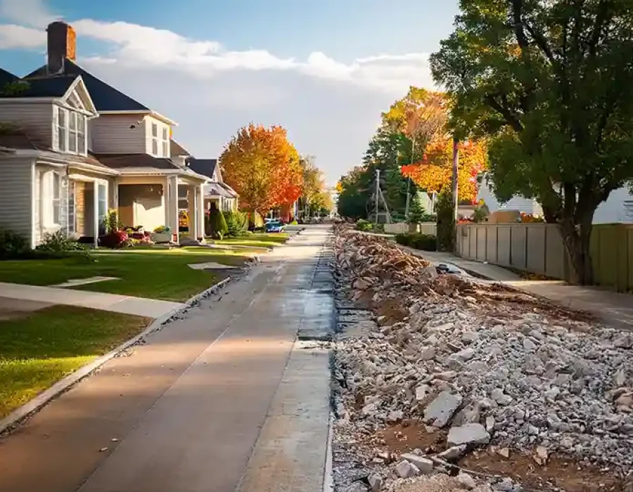 Residential street with rubble from sidewalk demolition and site preparation work.