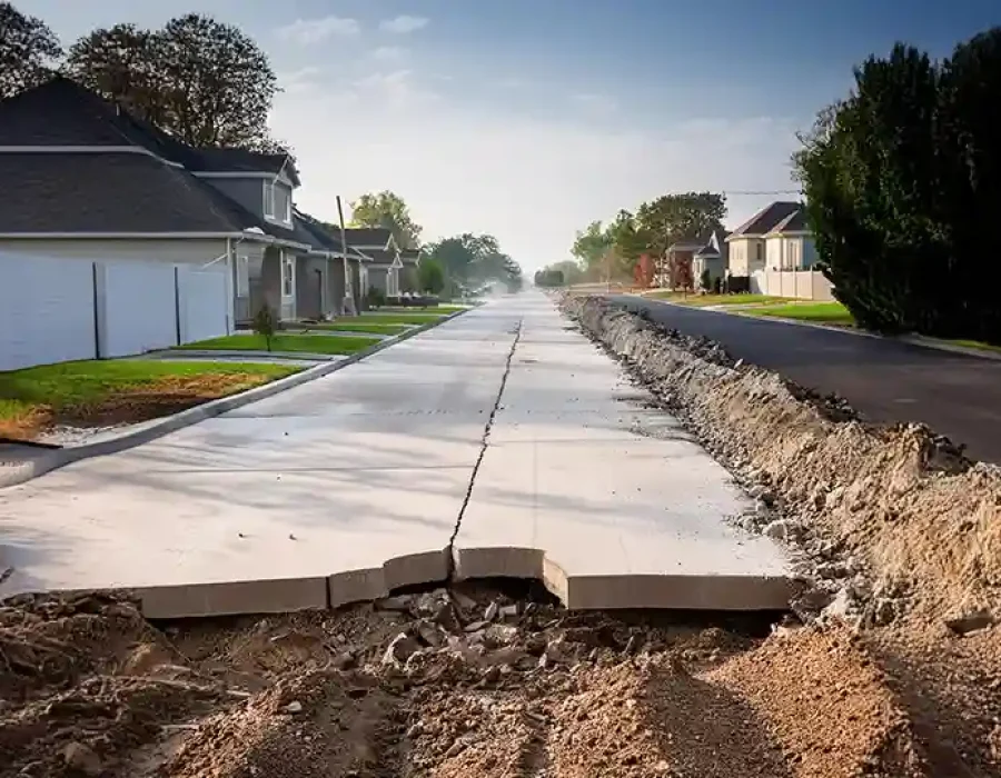 Broken concrete pavement on a residential street during demolition and site preparation.