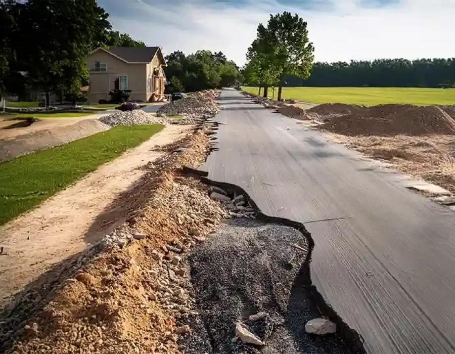 Damaged road under demolition with gravel piles and excavation work in a residential area.