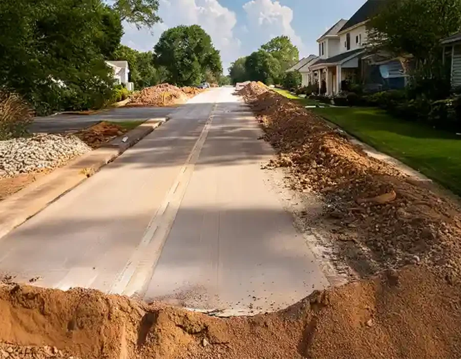 Residential street under excavation with piles of dirt, preparing for road repair and maintenance work.