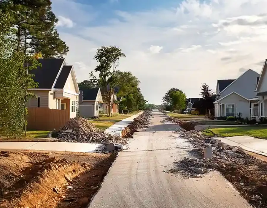 Residential street under demolition with debris piles and trench work for road removal.