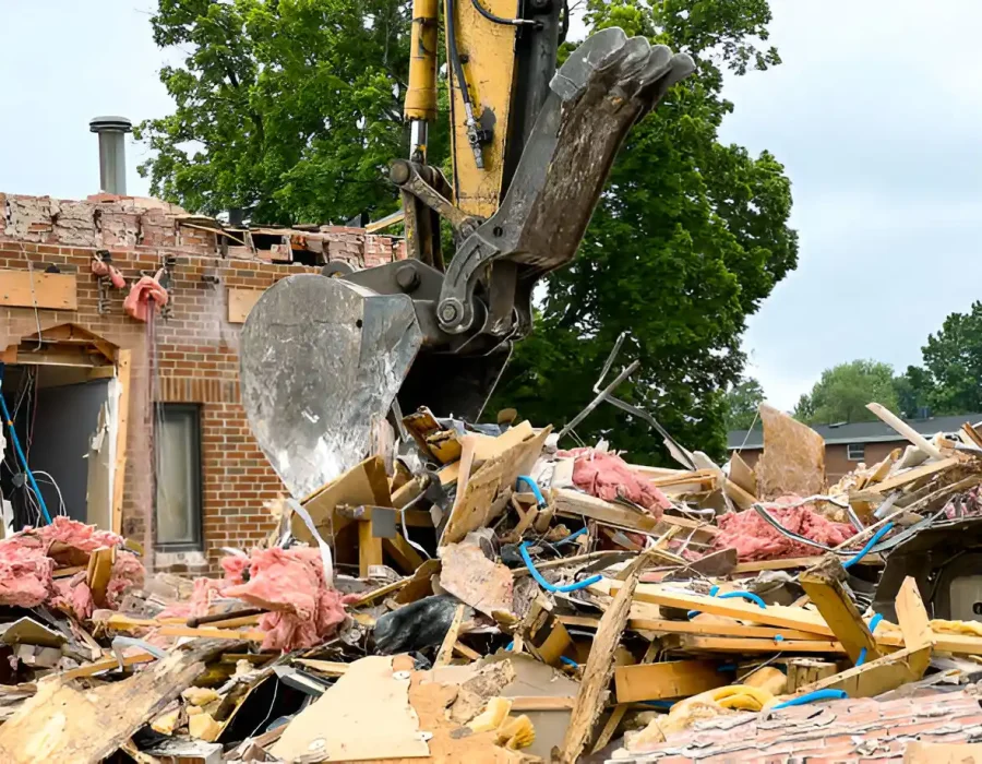Excavator removing debris from demolished brick house with scattered insulation and wood.