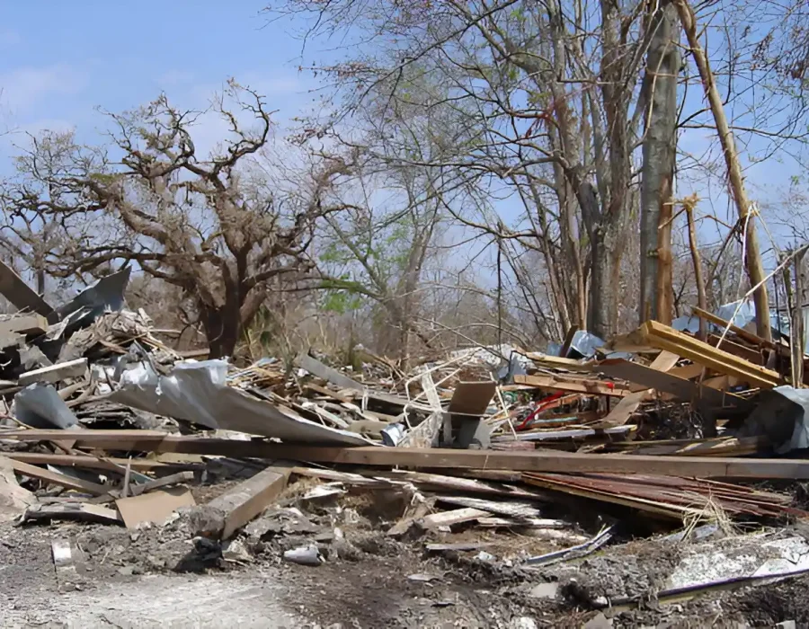 Pile of rubble and debris from a demolished house surrounded by trees at a demolition site.