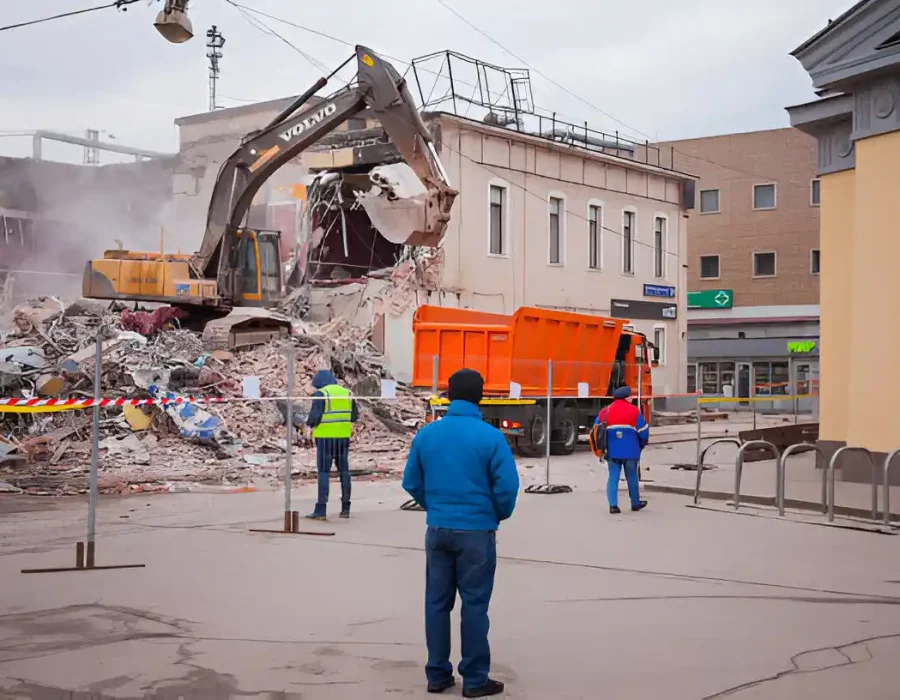 Workers supervising an excavator tearing down a building with debris and an orange truck nearby.