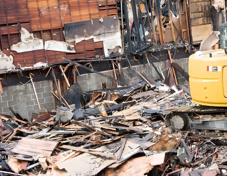 Yellow excavator clearing rubble and debris from a demolished building site.