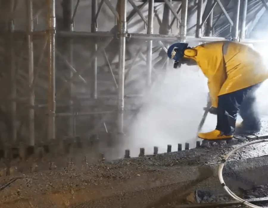 Certified technician using high-pressure water system for controlled concrete demolition work