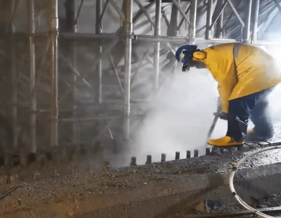 Worker in safety gear performing concrete surface removal with dust generation